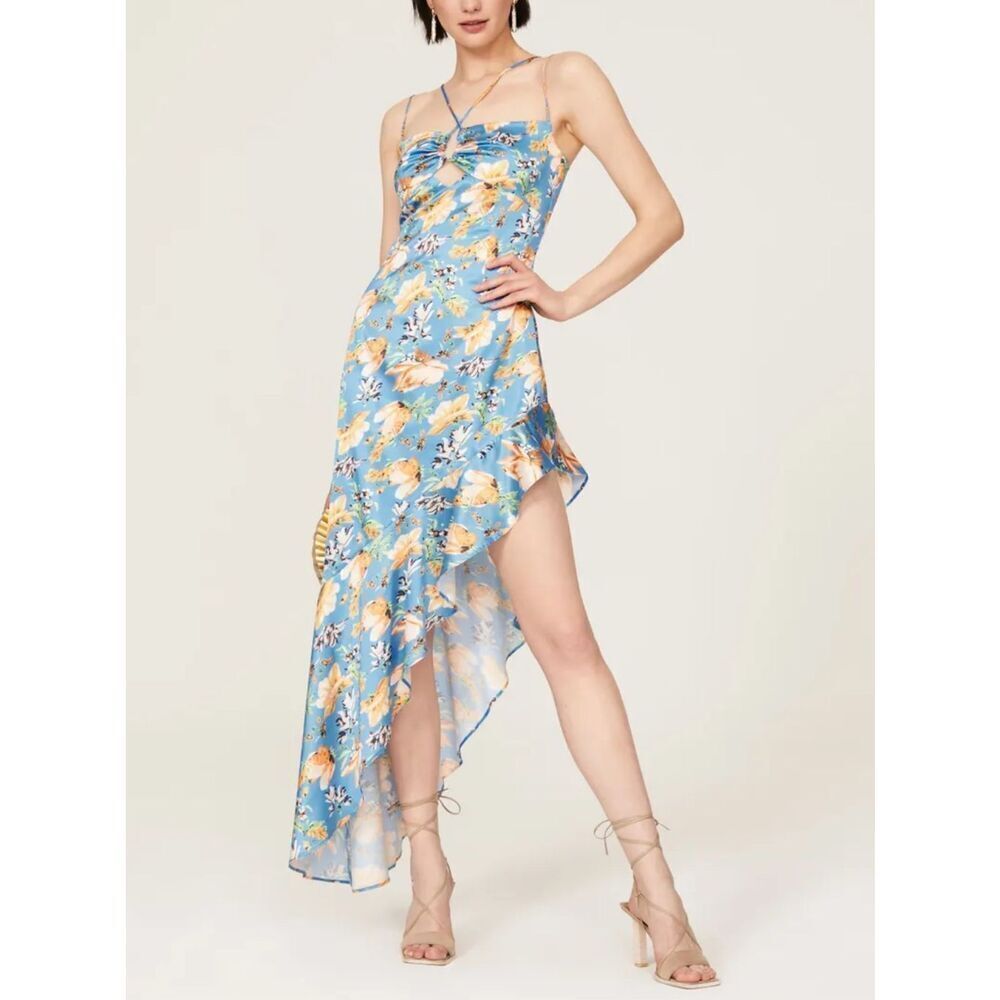 Nookie Blue Floral Asymmetrical Ruffle Satin Simone Cut Out Maxi Dress Large